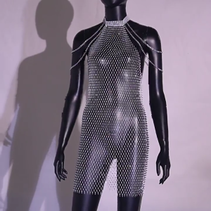 Chic Body Chain Dress with Stones Trendy Fishnet Body Chain Dress with Dazzling Rhinestones Accent for Nightlife