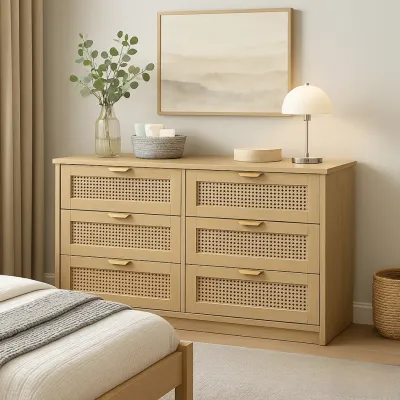 Furniture Direct NOKA Rattan Looks 6 Drawers Chest Sideboard-Oak