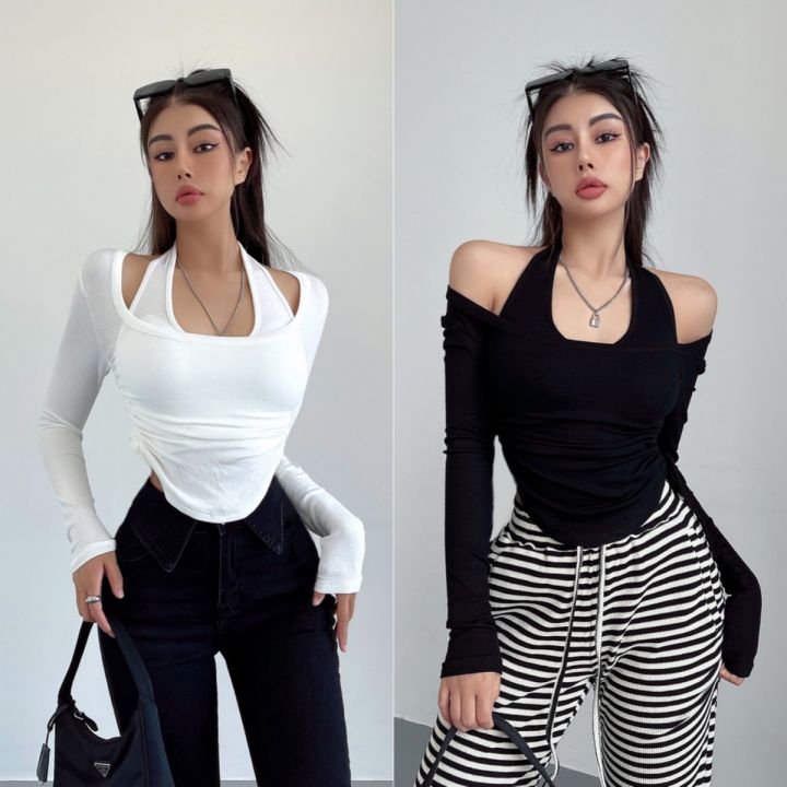 white july🌸พร้อมส่ง เสื้อผ้า Y2K เสื้อยืดสวยๆผู้หญิง เสื้อยืดแขนยาวสีดำ ...