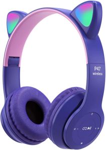 Yuhoo Kids Headphones Cat Ear LED Light Up Bluetooth 5.0 Foldable Wireless Gaming Headset for Kids Comfortable Built-in Mic Noise Cancelling Over Ear Headphones(Purple)