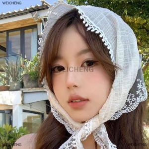 [COD] WEICHENG French Style Lace Flower Pattern Triangular Scarf Headband Lolita Silk Scarf Headdress Turban Womens Fashion Hair Accessories