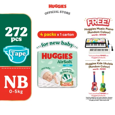 Huggies Airsoft Tape Diapers NB68/S58 (4 packs) - Breathable and soft premium diapers for baby