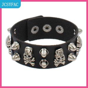 JCSYFAC Punk Gothic sọ Vòng đeo tay chuỗi kim loại gai đinh tán PU da dây đeo cổ tay Cuff Bangle rộng Cuff Vòng đeo tay phụ nữ người đàn ông đồ trang sức