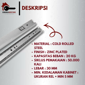 1 PASANG Rel Laci Double 2x Tarik Full Extension FE 30mm merk Huben 25 30 35 40 45 50cm