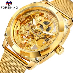 Forsining watch Retro Mens Automatic Mechanical Wirstwatches Top Brand Luxury Black Gold Design Luminous Hands Skeleton Clock Male