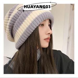 HUAYANG01 [2023 new HOT FASHION] lazlook หมวกให้ความอบอุ่นในฤดูหนาวสำหรับผู้หญิงหมวกถักแบบเรียงซ้อนแบบลำลองหมวกผู้ชายลายทางฮิปฮอปยูนิเซ็กส์บีนนี่ผู้หญิง