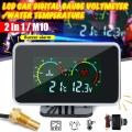 AUTOFun 2in1 LCD Alat Pengukur Digital Tegangan Tekanan/Suhu Air Meter W/Alarm M10 40-50℃ Water Temperatur Digital Voltmeter Motor Mobil. 