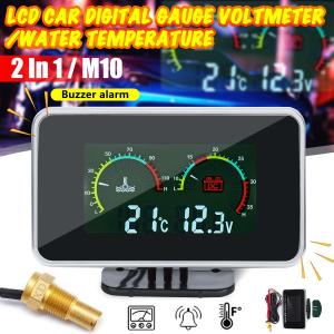 AUTOFun 2in1 LCD Alat Pengukur Digital Tegangan Tekanan/Suhu Air Meter W/Alarm M10 40-50℃ Water Temperatur Digital Voltmeter Motor Mobil