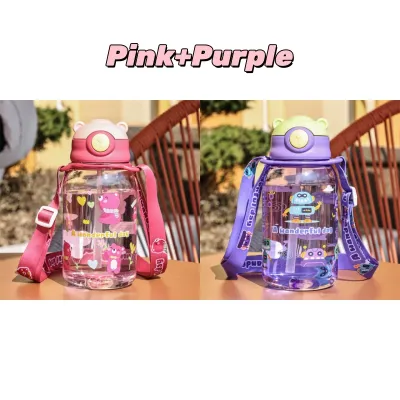 600ml Cartoon Water Cup For Baby Kids With Straw And Strap Cute Bear Baby Water Bottle With Strap Plastic Feeding Bottle Baby Drinking Bottle BPA Free【earphea】