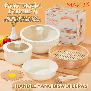 PANCI SET MAYBA Fortune 9 pc Healthy White granit - STEAMER BAMBO - GAGANG BISA DILEPAS - dilengkapi tatakan silicone tahan panas - bisa semua jenis kompor termasuk induksi - MAYBA