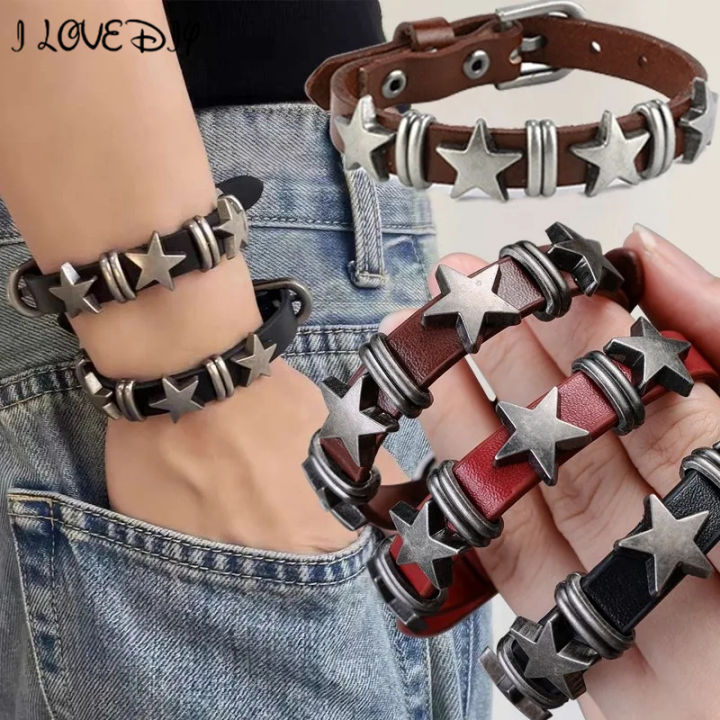 Vintage Star Wrap PU Leather Bracelet Men Punk Rock Pentagram