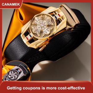 【CANAMEK 】 Rotatable Automatic Buckle Leather Belt Waistband Buckle Rhinestone Decoration Males Luxury Belt Gift