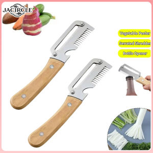 JACIRCLE 3in1 Serrated Peeling Tool Stainless Steel Vegetable Fruits Peeler Shredder And Bottle Opener With Wooden Handle Kitchen Tool