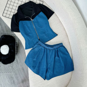 Set Bộ Bigsize Nữ Áo Tay Ngắn Cổ Bẻ Kèm Quần Đùi Lưng Chun Vải Jean Giấy Phối Thun Ruby - SET839