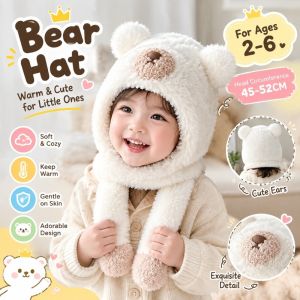 CANICECA Polyester Fleece Lined 2-6 Years Bear Hat Scarf Set Earflap 45-52CM Winter Hat Scarf Set Soft Neck Warmer Kids Hat Scarf Set For Toddler Boys