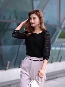 Áo sơ mi dài tay màu đen trang trọng cho nữ size lớn áo thun trơn kiểu Hàn Quốc áo kiểu công sở áo thun ren hoa gợi cảm