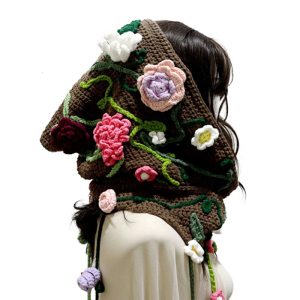 Ladies Forest Style Flower Blossomed Hooded Hat Large Brimmed Warm Headgear Knitted Hat Handmade Crochet Capelet