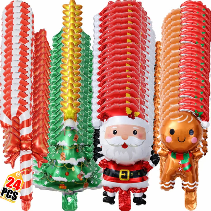 3/24PCS Christmas Aluminum Foil Balloons Bow Candy Cane Handheld Stick