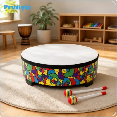 Prettyia Tabletop Frame Drum with Wooden Drumsticks Floral Frame Drum with Drumsticks Padded Percussion Instrument Easy to Play for Music Teachers Kids Toddlers Classroom Playroom