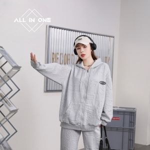 ชุดเซ็ทตัวดังสวยๆ ใส่คาเฟ่ ทรงหลวม ปั้มลายตัวอักษรนูน สไตล์เกาหลี ฮิปฮอป เสื้อแจ็คเก็ตผู้หญิง เสื้อกันหนาวแขนยาวมีหมวก มีฮู้ด TZ92