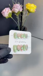 【HANDMADE+Free Glue】Real Photos Press on Nails Turquoise Jade French Crystal Cats Eye Transparent Water Drop Oval Nail Phototherapy Fake Nail Patch Artificial Nail Reusable
