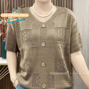 Hollow Short-sleeved Knitted Blouses & Shirts for Womens V-neck T-shirts New Fashion All-match Loose Tops