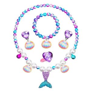 Kids 5Pcs Mermaid Pearl Shell Jewelry Set Necklace Earrings Ring Bracelet Princess Girls Accessory