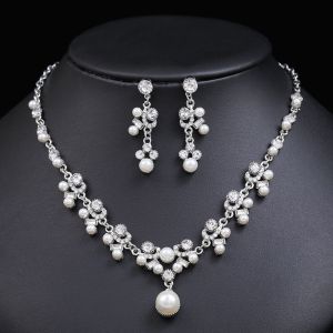 JPTD Romantic Vintage Delicate Flower Leaf Rhinestone Drop Earrings Anniversary Gift Pearl Dangle Earrings Women Necklace Water Drop Earrings Bridal Wedding Jewelry Set
