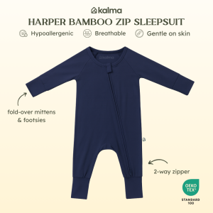 Kalma Baby Organic Bamboo Zip Sleepsuit 0-24 months | NAVY | Reversible Mittens and Footsies