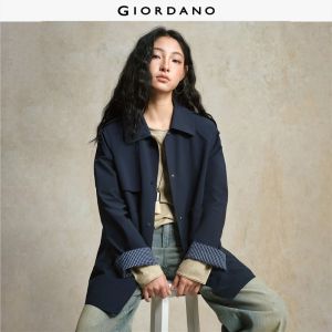 GIORDANO Women Coats Gingham Cuff Design Mid-Length Trench Coats Spread Collar Modern Chic Fashion Casual Loose Coats 18375703