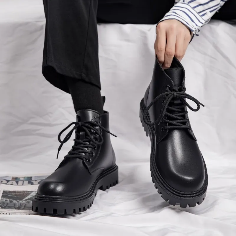 Korean Chunky Boots Men Munhak Matte Black Chunky Lace-Up Boots