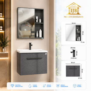 Paket Kabinet Wastafel Gantung Set 60 Cermin Lemari Rak Kamar Mandi Anti Air Rayap Abu Abu Hitam