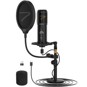 7RYMS Condenser USB Microphone SR-AU01-K2 Studio Microphone Kit with Desk Stand Pop Filter and Real-time Monitor Gaming-Mic 192kHz/24bit Tape to Mute Microphone for PC for Streaming Podcast Recording ASMR for Computer Phone