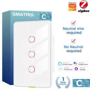 SMATRUL Tuya Zigbee Smart  Switch Light Touch Switch No Neutral Wire Wall Magnetic Relay US 100-250v Voice App  Genie  No Capacitor Required