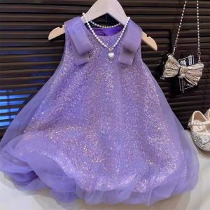 Bear Leader Summer New Fashion Round Neck Sequin Mesh Party Princess Dress Sleeveless Shiny Girls Clothes Korean Version Kids Costume