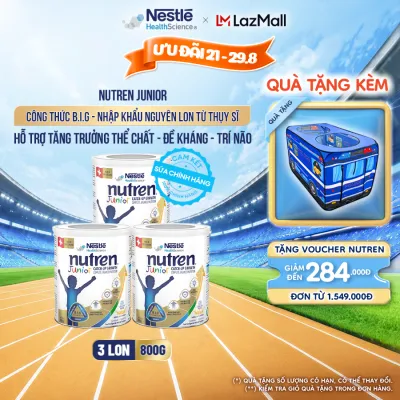 Bộ 3 Sữa Bột Dinh Dưỡng Y Học NESTLÉ NUTREN JUNIOR Xuất Xứ Thụy Sĩ Công Thức BIG Hỗ Trợ Tăng Trưởng Thể ChấtTrí NãoĐề Kháng Cho Bé 800G