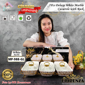FIORENZA prasmanan set segi isi 3 + tutup + rak motif white gold duluxe series keramik / premium casserole set with rack / food warmer type MP-988/GL