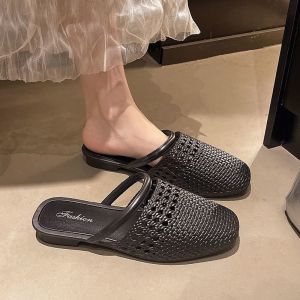 Free Shipping Summer New Style Straw-Look Mule Sandals For Women Fashionable And Versatile Breathable With A Closed-Toe Design Perfect For Outdoor Wear Casual Half-Slipper Style
