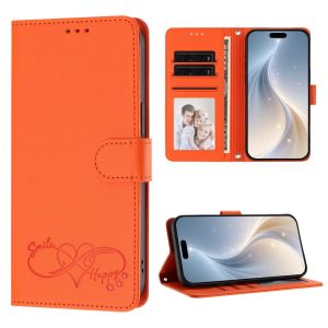 Heart Embossed Smile Happy Flip Wallet Phone Case For iPhone 18 Pro Max 17 16 15 14 PU Leather Multi Card Slots Kickstand Cover With Wrist Strap Shockproof Protective Casing For Women