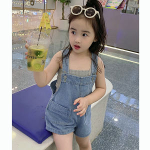 Sunday Kids Korean Girls Denim Terno Outfits Sets For Kids Girl Kint Sleeveless Tops With Denim Jumpsuit 2 Pieces Set For Kids Baby Clothes Set FO Girls