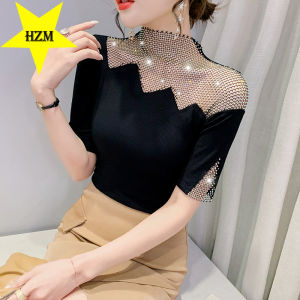 HZM Summer 2023 net red fashion small shirt slimming womens top hollowed out hot drill stitching half sleeve T-shirt