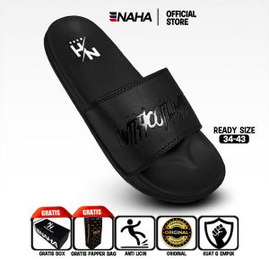 NAHA Sendal Selop Distro Pria Wanita Empuk Logo Fullblack Sandal Slop Kece Cowok Karet Dewasa Sandal Slip On Slide
