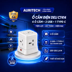 Ổ Cắm Điện Vuông Deli CT414 Mầu Trắng Dây Dài 24M 10A 4 Ổ + 2 USB + 2 Type C Sặc nhanh 20W