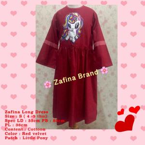 Zafina Long Dress size S usia 4 - 5 tahun Red Velvet dengan patch Litle Pony bahan katun halus nyaman dipakai