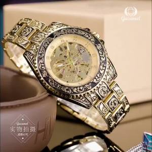 Hoàn toàn Cơ học Tự động Xem cho nam giới thời trang mới rỗng retro khắc đồng hồ cho nam giới