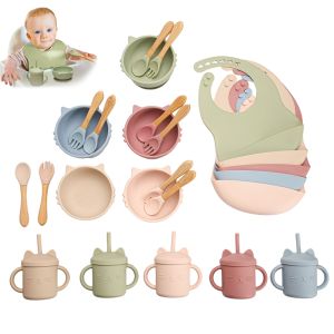 Mamimami Home Baby Meal Feeding 5pcs/set Suction BowlStraw CupAdjustable BibSoft Spoon & Fork Toddler First Meal Gift