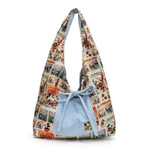 LANGJ แบบเกาหลี กระเป๋าเสื้อกั๊กสองด้าน ผ้า ย้อนยุค กระเป๋าโท้ตแบบแพทช์เวิร์ค แมตช์ได้ทุกชุด ความจุขนาดใหญ่ กระเป๋าสะพายลายการ์ตูนมิกกี้ ผู้หญิง