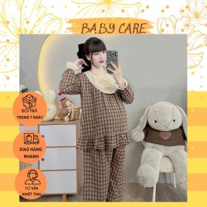 bộ bầu và sau sinh kẻ ô dài tay xinh xắn m366 bộ mặc nhà kiểu dáng tiểu thư cổ bo chun