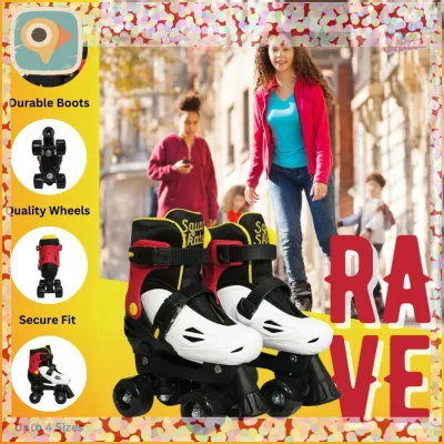 Squad Skates Rave Adjustable Quad Skates for Kids (XS/EU27-EU30 to L/EU39-EU42)-Black/White/Red