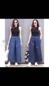 กางเกงขายาวขากระบอกใหญ่ผ้ายีนส์ฟอก กางเกงขายาวหญิงขากระบอกใหญ่แต่งกระดุมข้างกระเป๋า กางเกงยีนส์ขายาวขาบานผู้หญิง กางเกงขายาวหญิง